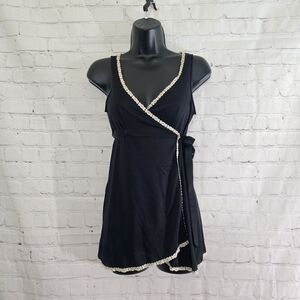 Vtg 1960s Vassarette Babydoll Wrap Mini Dress Black Lace Trim Nylon Nightie